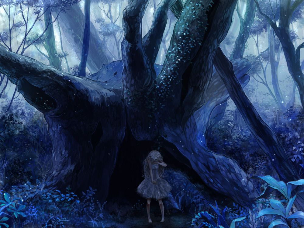 ookamiya, rowya, original, silver hair, bad id, bad pixiv id, 1girl, barefoot, blonde hair, blue theme, child, crying, dress, female focus, fern, forest, leaf, long hair, nature, outdoors, scenery, solo, standing, tears, tree