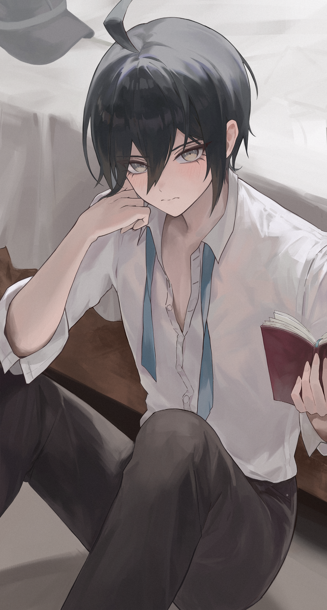 saihara shuichi, danganronpa (series), danganronpa v3: killing harmony, commentary request, highres, 1boy, ahoge, bed, black hair, black pants, book, closed mouth, collared shirt, hair between eyes, hat, holding, holding book, kuryugi, kuryugi962, looking at viewer, lower eyelashes only, male focus, pants, shirt, sitting, solo, unworn hat, unworn headwear, white shirt