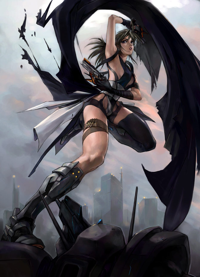 amuro h, original, 1girl, boots, breasts, brown eyes, brown hair, building, bullet, city, dual wielding, female focus, gun, holding, knee boots, legs, lips, sideboob, single thighhigh, skyscraper, solo, thigh strap, thighhighs, weapon