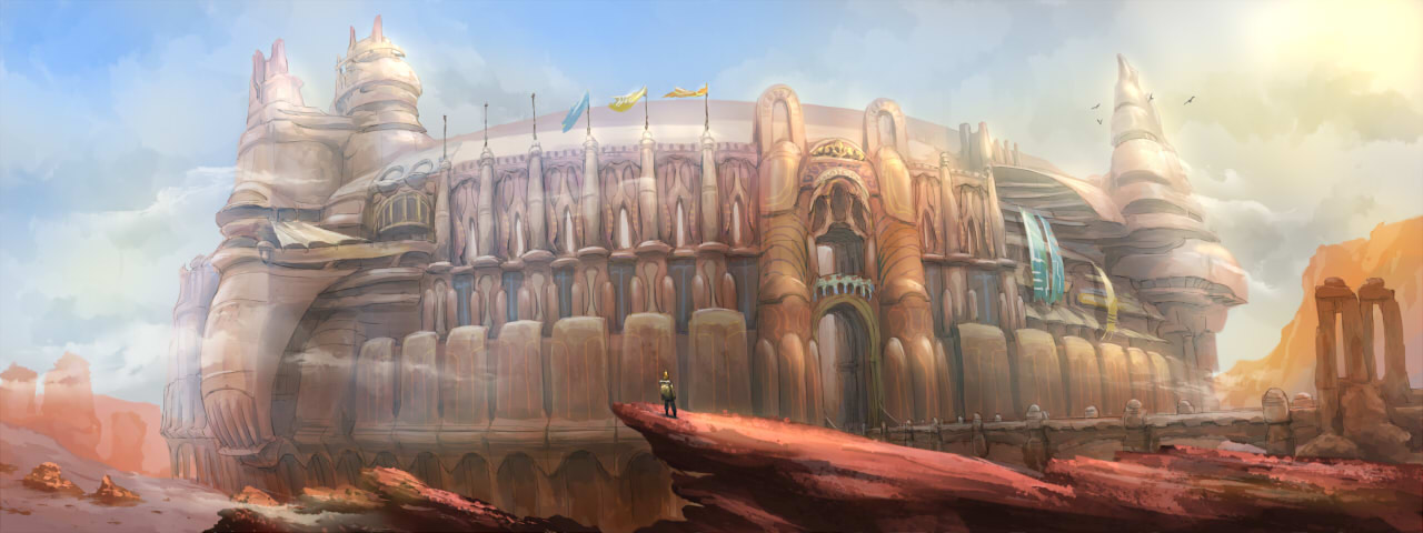 coz (commit), original, bad id, bad pixiv id, 1other, bird, bridge, cloud, colosseum, day, desert, fantasy, flag, outdoors, scenery, sky, solo