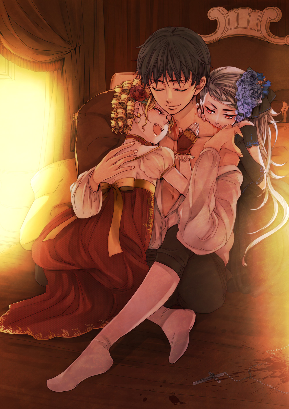 suzunosuke (sagula), original, silver hair, bad id, bad pixiv id, highres, 1boy, 2girls, biting, black hair, blonde hair, blood, closed eyes, cross, crucifix, dress, drill hair, fangs, fingerless gloves, flower, girl sandwich, gloves, hair flower, hair ornament, hair ribbon, multiple girls, neck biting, red eyes, ribbon, sandwiched, vampire