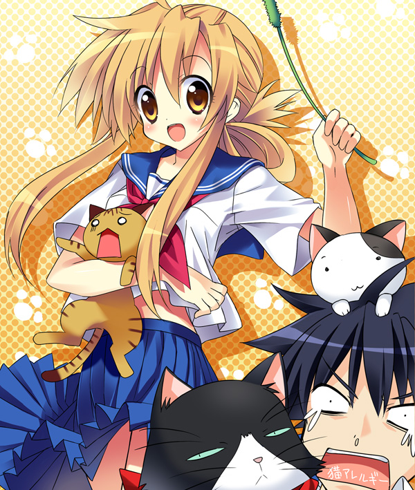 paco, kousaka junpei, mizuno kaede, nyamsas, tama (nyan koi), nyan koi!, 00s, 1boy, 1girl, blush, cat, long hair, open mouth, paw print, round teeth, school uniform, serafuku, smile, teeth