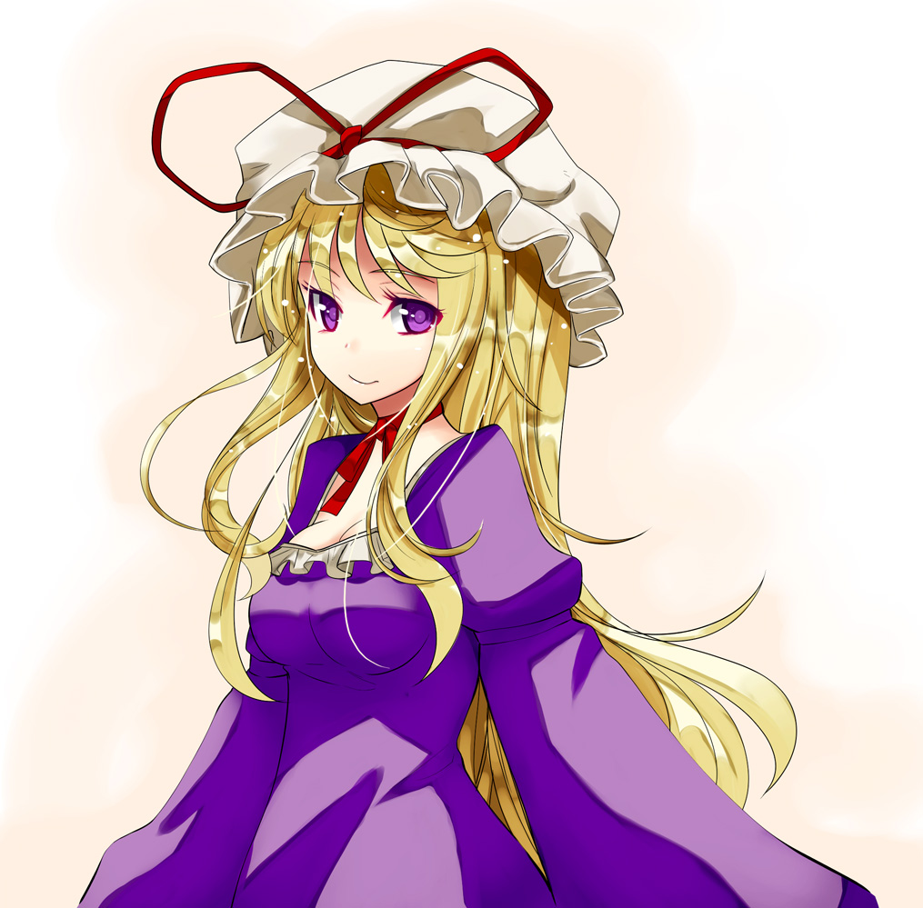 akino sora, yakumo yukari, touhou, bad id, bad pixiv id, 1girl, blonde hair, dress, female focus, hat, long hair, purple eyes, short hair, solo, very long hair