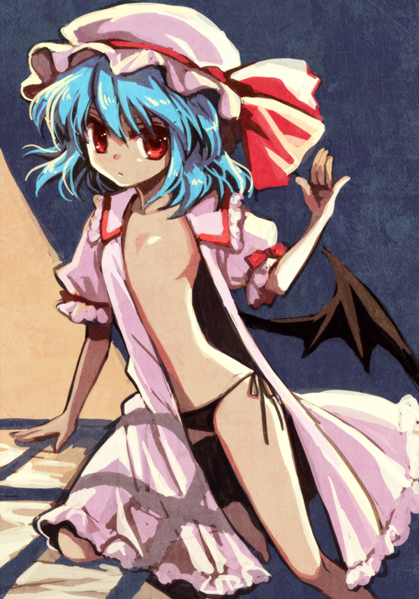 manle, remilia scarlet, touhou, bad id, bad pixiv id, 1girl, blue hair, female focus, flat chest, no nipples, open clothes, open shirt, panties, red eyes, shirt, side-tie panties, solo, underwear, wings