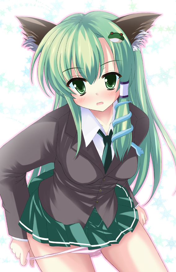 bnr340926, nagatsuki rio, kochiya sanae, touhou, 1girl, alternate costume, animal ears, cat ears, cat girl, female focus, frog, green eyes, green hair, hair ornament, kemonomimi mode, long hair, matching hair/eyes, panties, panty pull, school uniform, skirt, snake, solo, underwear, white background
