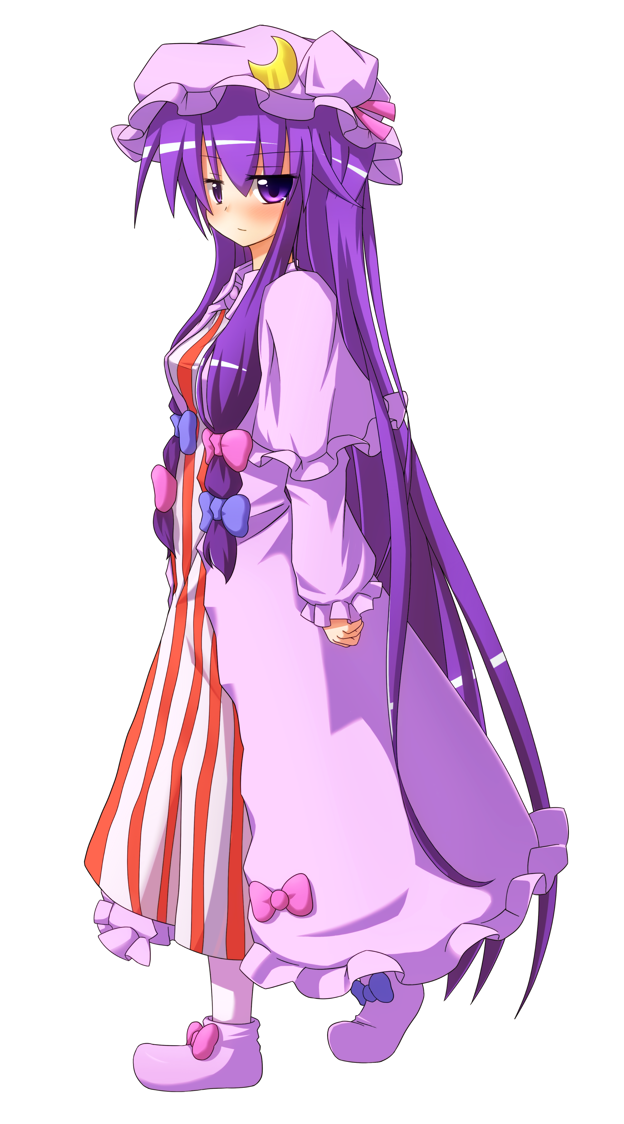 mokana natsumi, patchouli knowledge, touhou, absurdres, highres, 1girl, blush, bow, crescent, female focus, full body, hair bow, hat, long hair, multiple hair bows, purple eyes, purple hair, solo, transparent background, very long hair