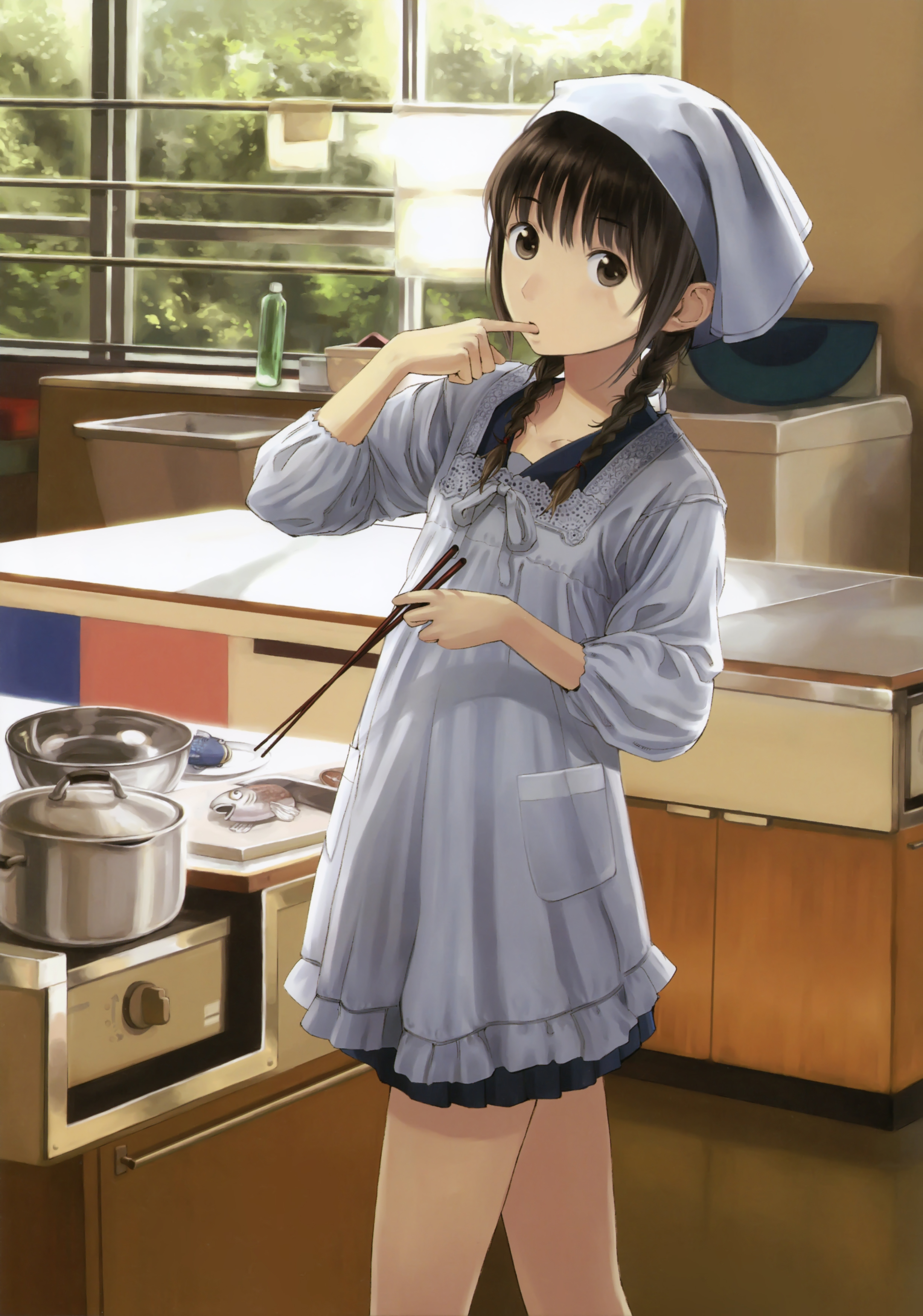 kishida mel, original, absurdres, highres, 1girl, apron, braid, brown eyes, brown hair, chopsticks, cooking, female focus, finger in own mouth, fish, hair over shoulder, kappougi, solo, tenugui, twin braids