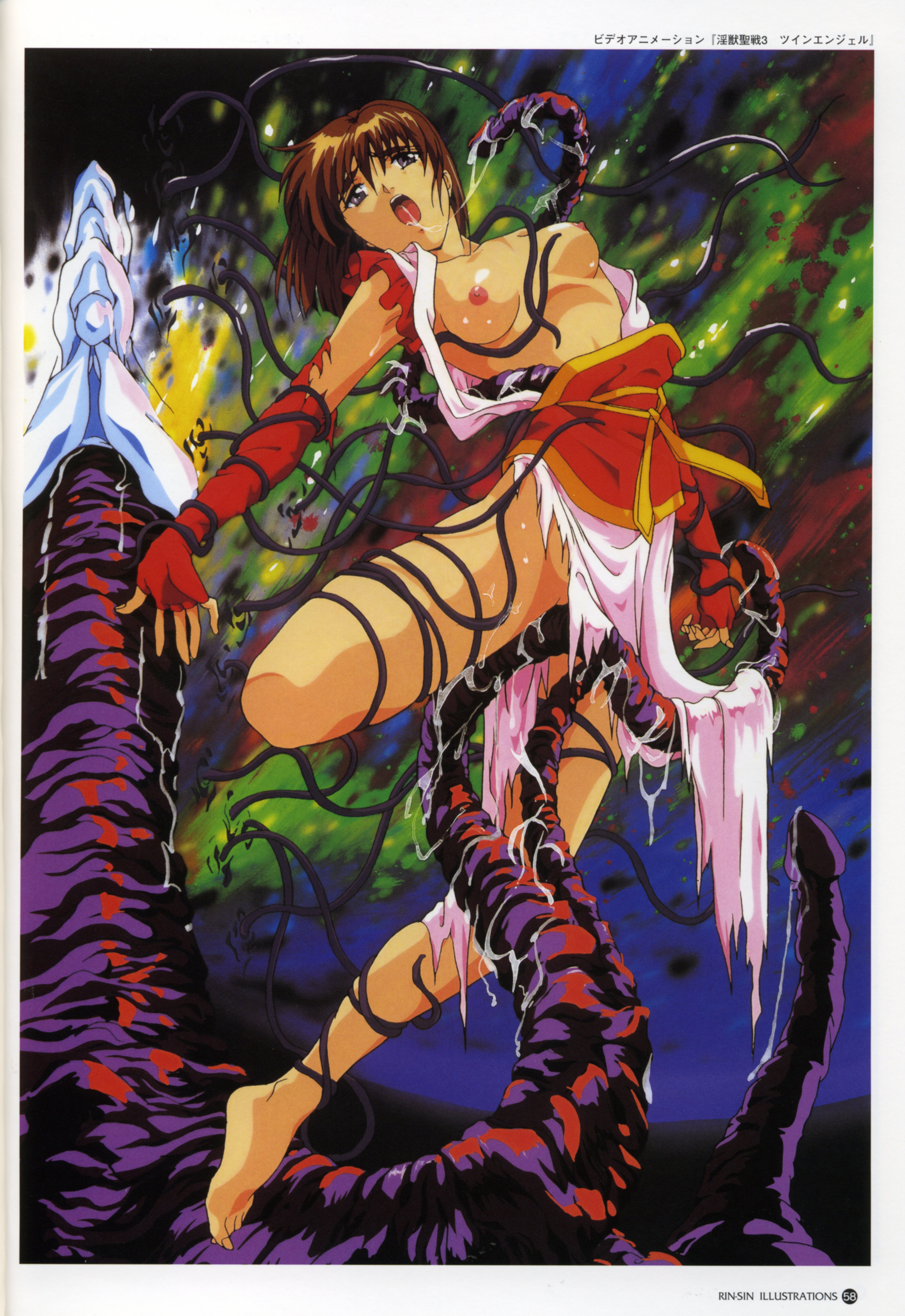 rin-sin, amatsu mai, twin angels, absurdres, highres, 1girl, between thighs, breasts, brown hair, female focus, fingerless gloves, gloves, purple eyes, retro artstyle, saliva, saliva trail, solo, tentacles, thighs, torn clothes