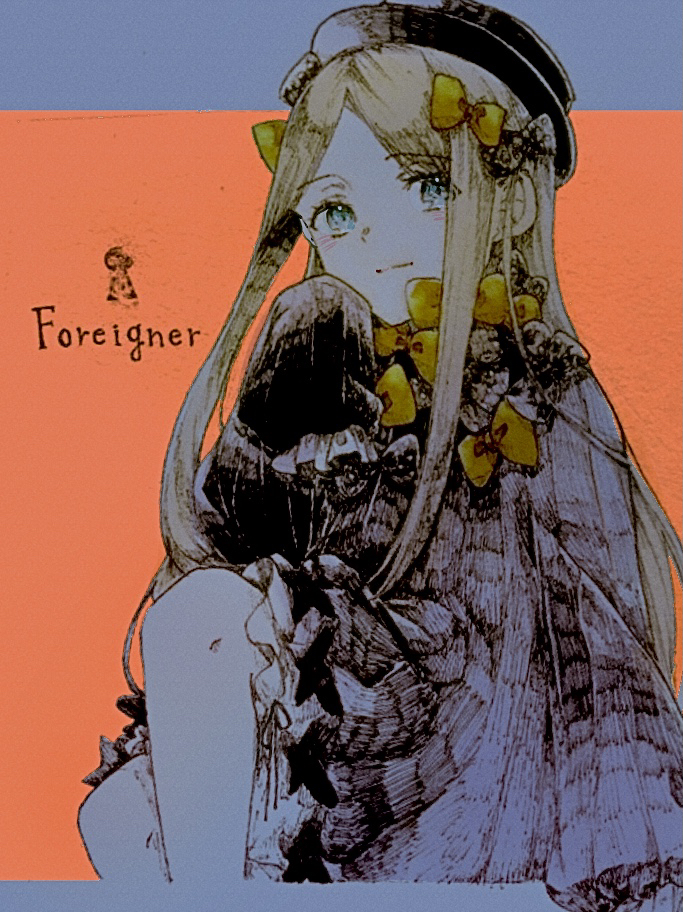 nasubi illust, abigail williams (fate), fate/grand order, fate (series), commentary request, traditional media, 1girl, arm support, black bow, black dress, black hat, blonde hair, blue eyes, bow, closed mouth, dress, feet out of frame, hat, looking at viewer, orange bow, parted bangs, sitting, sleeves past fingers, sleeves past wrists, solo