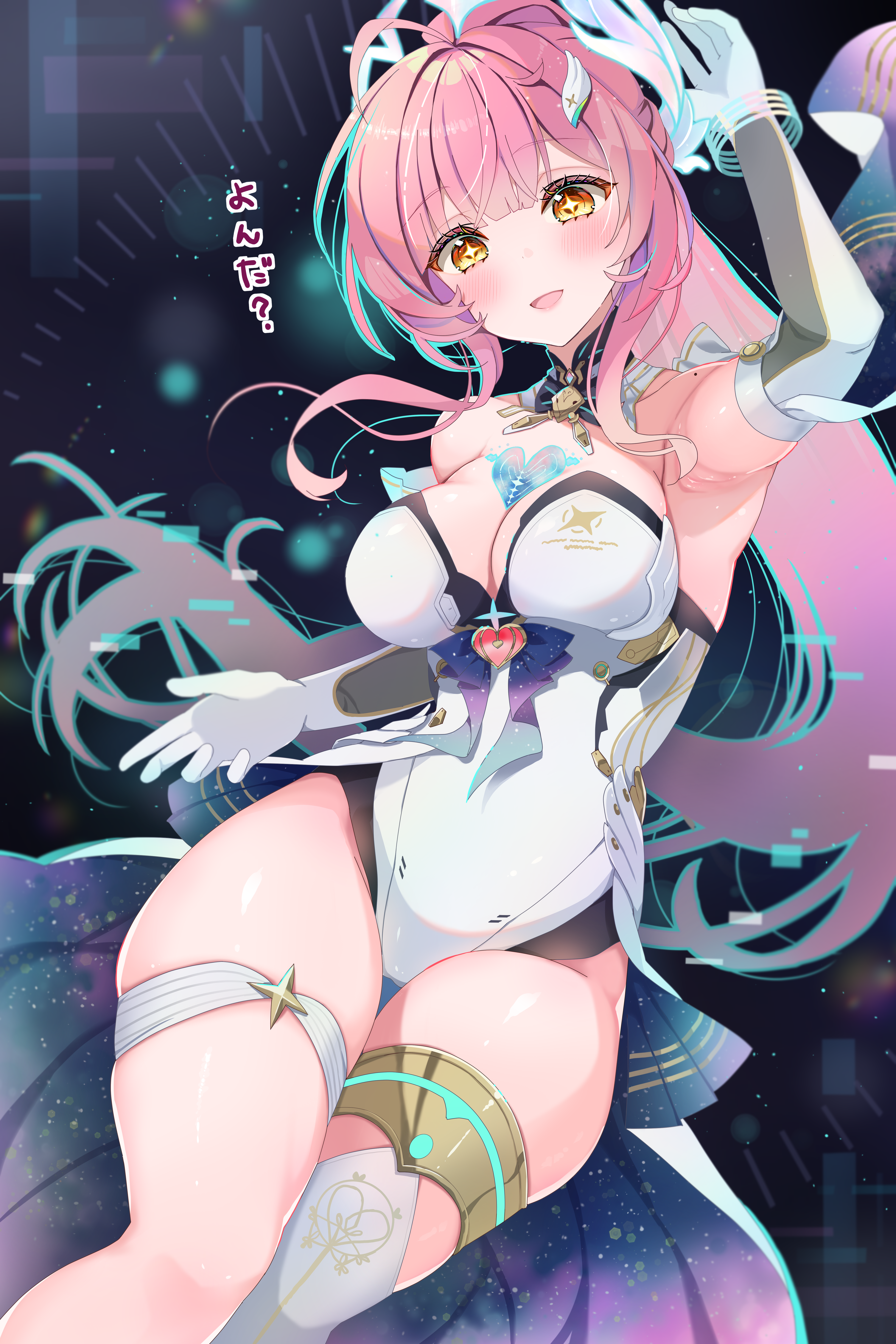 koharutoki02, aemeath (wuthering waves), wuthering waves, absurdres, commentary, highres, 1girl, arm up, armpits, bare shoulders, blush, breasts, cleavage, elbowing, gloves, hair ornament, headgear, leotard, long hair, looking at viewer, medium breasts, mole, mole on shoulder, open mouth, pink hair, smile, solo, star-shaped pupils, star (symbol), strapless, strapless leotard, symbol-shaped pupils, tacet mark (wuthering waves), thigh gap, thighs, very long hair, white gloves, white leotard, yellow eyes