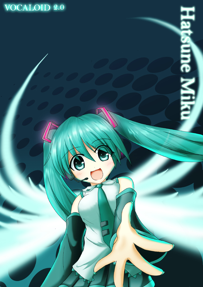 hatsune miku, vocaloid, 1girl, :d, aqua eyes, aqua hair, aqua necktie, black skirt, blush, character name, detached sleeves, eyes visible through hair, female focus, happy, headset, looking at viewer, matching hair/eyes, necktie, open mouth, pleated skirt, reaching, reaching towards viewer, shirt, skirt, sleeveless, smile, solo, twintails, upper body, wings