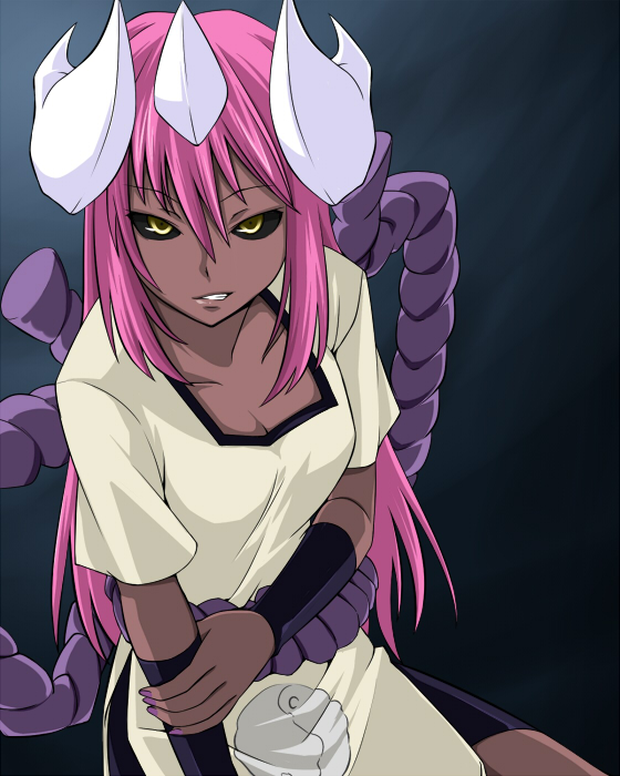 kumataka, tayuya (naruto), naruto (classic), naruto (series), 1girl, black sclera, breasts, cleavage, colored sclera, dark-skinned female, dark skin, demon girl, female focus, horns, long hair, nail polish, pink hair, purple nails, red hair, rope, simple background, solo, yellow eyes, yin yang