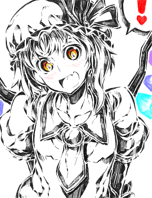 watata13, flandre scarlet, touhou, 1girl, fang, female focus, hat, mob cap, monochrome, solo, spot color, standing, upper body, vampire, white background, wings