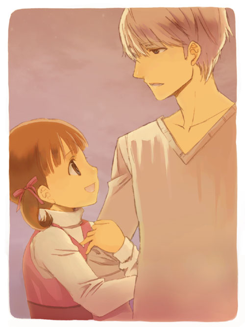 seiru (prairie), doujima nanako, narukami yu, atlus, persona, persona 4, arm hug, child, hair ribbon, ribbon, short hair, smile