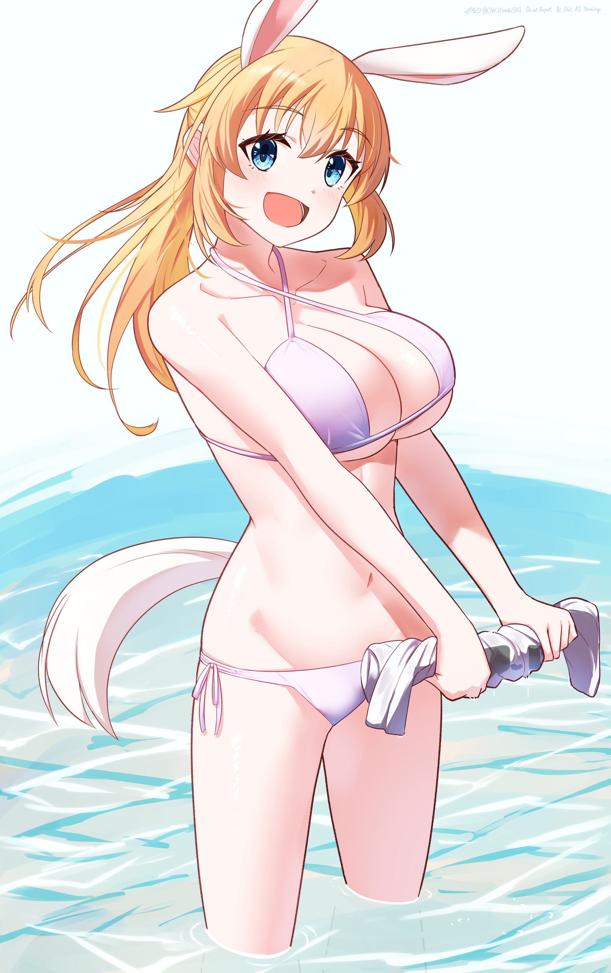 hiroshi (hunter-of-kct), charlotte e. yeager, strike witches, world witches series, absurdres, commentary request, highres, 1girl, animal ears, bikini, blue eyes, breasts, collarbone, feet out of frame, happy, holding, large breasts, long hair, looking at viewer, navel, on water, open mouth, orange hair, rabbit ears, rabbit girl, rabbit tail, shirt, solo, standing, swimsuit, tail, water, white bikini, white shirt