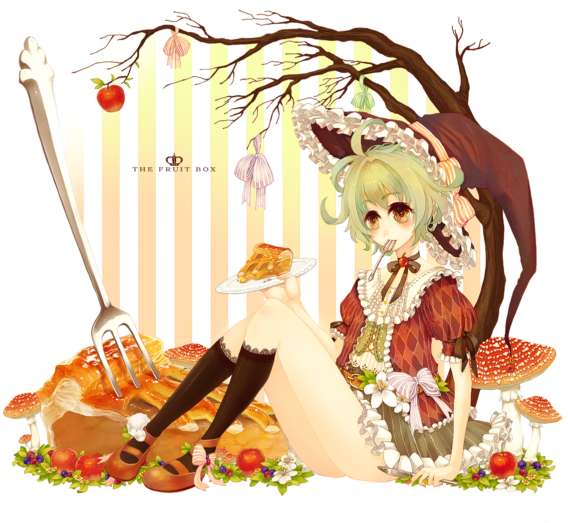 manbou no suiso, original, argyle, lace-trimmed legwear, bad id, bad pixiv id, 1girl, apple, apple pie, bare tree, belt, black socks, blush, brown eyes, choker, female focus, flower, fly agaric, food, fork, frilled skirt, frilled sleeves, frills, fruit, full body, green hair, hat, hat ribbon, holding, holding plate, knees up, knife, lace, lace trim, mouth hold, mushroom, neck ribbon, on floor, pie, plate, puffy short sleeves, puffy sleeves, red shoes, ribbon, ribbon choker, shoes, short hair, short sleeves, sitting, skirt, skirt set, socks, solo, striped background, striped ribbon, tree, utensil in mouth, vertical stripes, white flower, witch hat