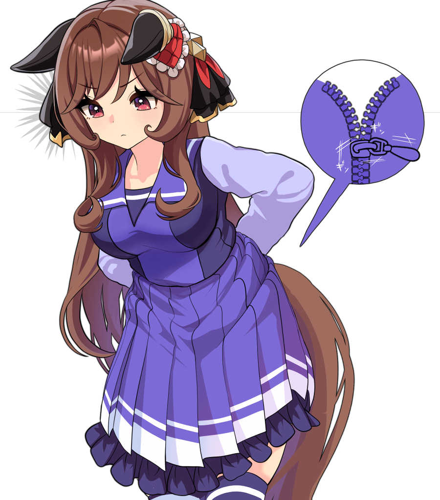 nieto tokage, gentildonna (umamusume), umamusume, commentary request, 1girl, animal ears, arms behind back, breasts, brown hair, brown tail, closed mouth, ear covers, ears down, frilled skirt, frills, heart ear ornament, horse ears, horse girl, horse tail, large breasts, leaning forward, long hair, long sleeves, pleated skirt, purple sailor collar, purple shirt, purple skirt, purple thighhighs, red eyes, sailor collar, sailor shirt, school uniform, shirt, simple background, skirt, solo, spoken object, tail, thighhighs, thighs, tracen school uniform, v-shaped eyebrows, white background, zipper, zipper pull tab