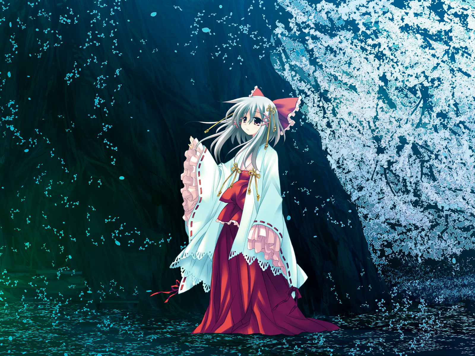 sakurazawa izumi, sakuramori akasha, hanafubuki, highres, 1girl, bow, female focus, frills, gathers, grey hair, hair bow, japanese clothes, large bow, leaf, long hair, miko, outdoors, solo