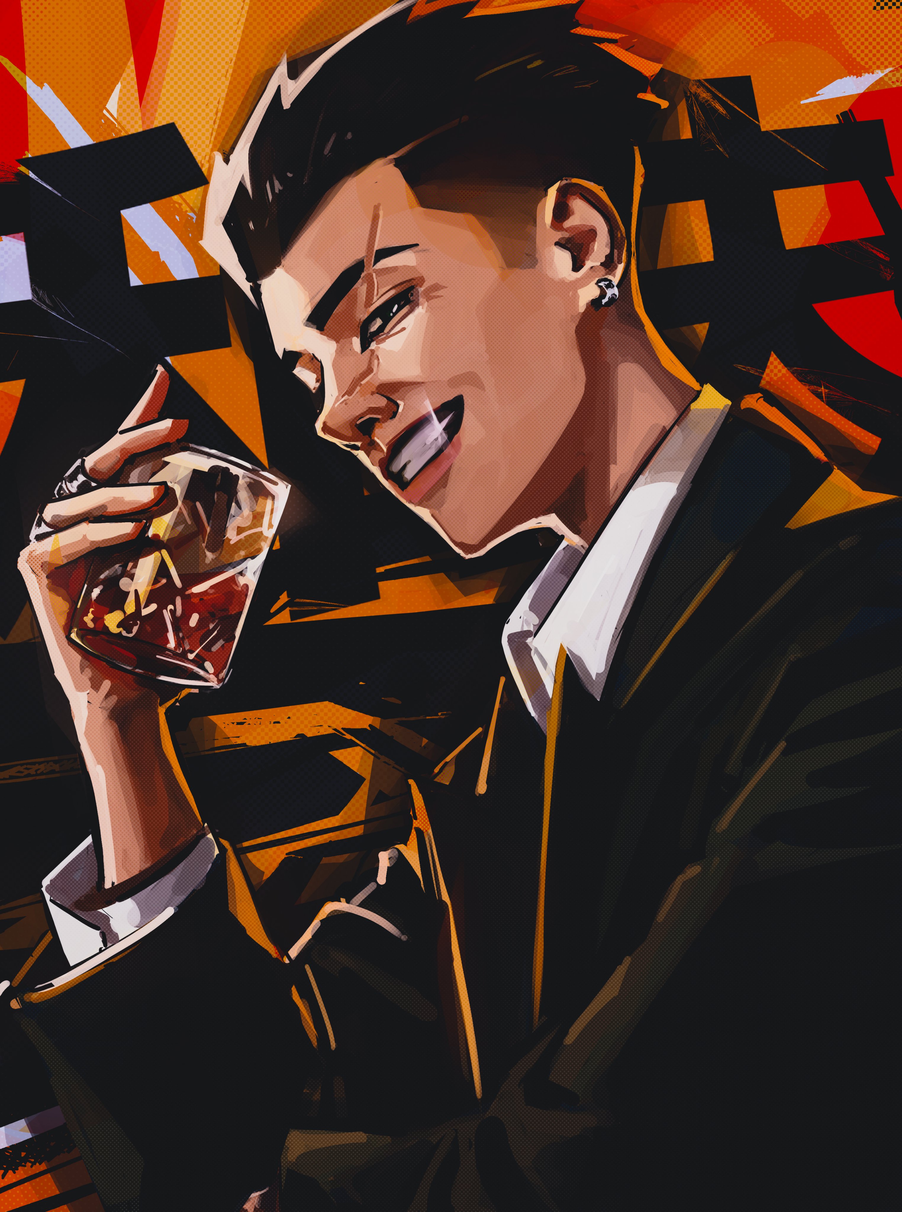 titanartx, original, absurdres, commentary, english commentary, highres, 1boy, black eyes, black hair, black jacket, cup, drinking glass, earrings, from side, grin, hair slicked back, half-closed eyes, holding, holding cup, jacket, jewelry, long sleeves, looking at viewer, male focus, multiple rings, nose, orange background, ring, scar, scar across eye, scar on face, short hair, smile, solo, spiked hair, upper body, very short hair