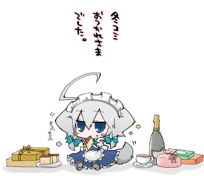 nejikirio, inu sakuya (nejikirio), izayoi sakuya, touhou, silver hair, translated, 1girl, ahoge, animal ears, blue eyes, cake, chibi, dog ears, dog tail, eating, female focus, food, pastry, ribbon, solo, tail, tea