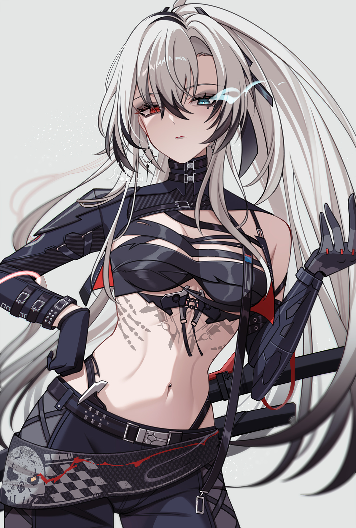 uriuritei, alpha: crimson weave (pgr), alpha (pgr), punishing: gray raven, commentary request, highres, 1girl, artist name, black gloves, black pants, blue eyes, body markings, breasts, closed mouth, cowboy shot, earrings, flaming eye, gloves, grey background, hair between eyes, hand on own hip, heterochromia, jewelry, long hair, looking at viewer, mechanical arms, mechanical hands, medium breasts, multicolored hair, navel, navel piercing, official alternate costume, pants, piercing, red eyes, simple background, single bare shoulder, single glove, single mechanical arm, single mechanical hand, solo, stomach, streaked hair, white hair