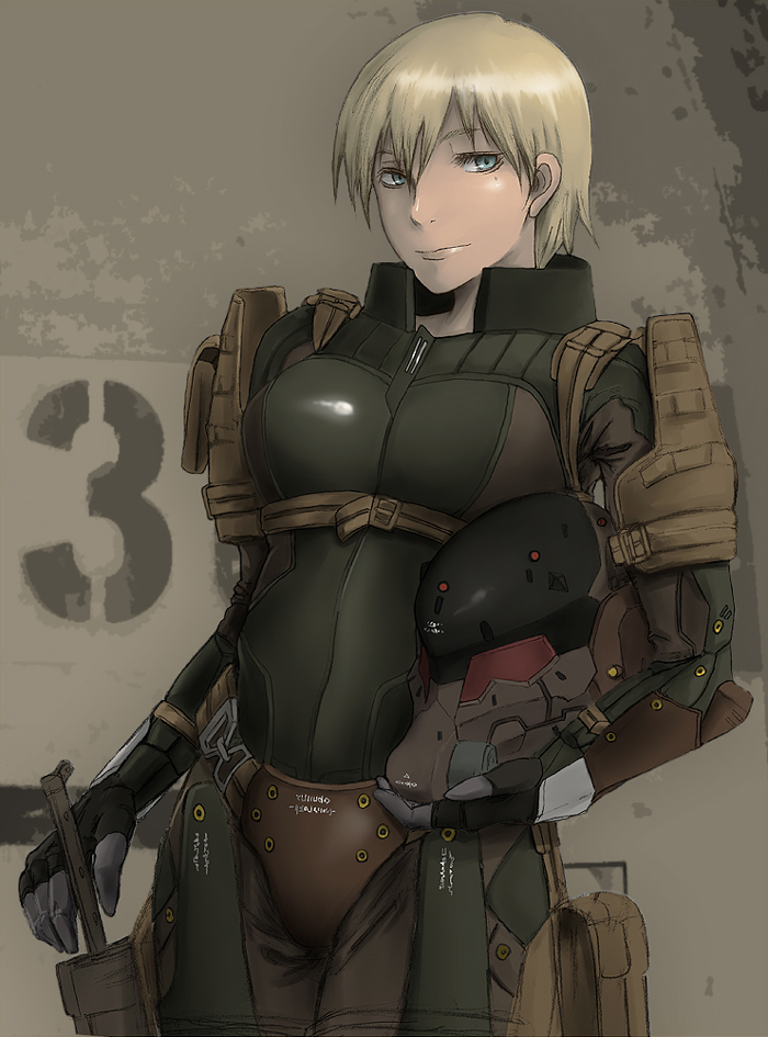 niiyaso, frogs (metal gear), frogs (mgs), haven trooper, konami, metal gear (series), metal gear solid 4: guns of the patriots, 1girl, blonde hair, blue eyes, bodysuit, breasts, female focus, female soldier, green eyes, helmet, knife, mercenary, military, military uniform, paramilitary, pmc, private military company, short hair, smile, smirk, sneaking suit, soldier, solo, unworn headwear, unworn helmet