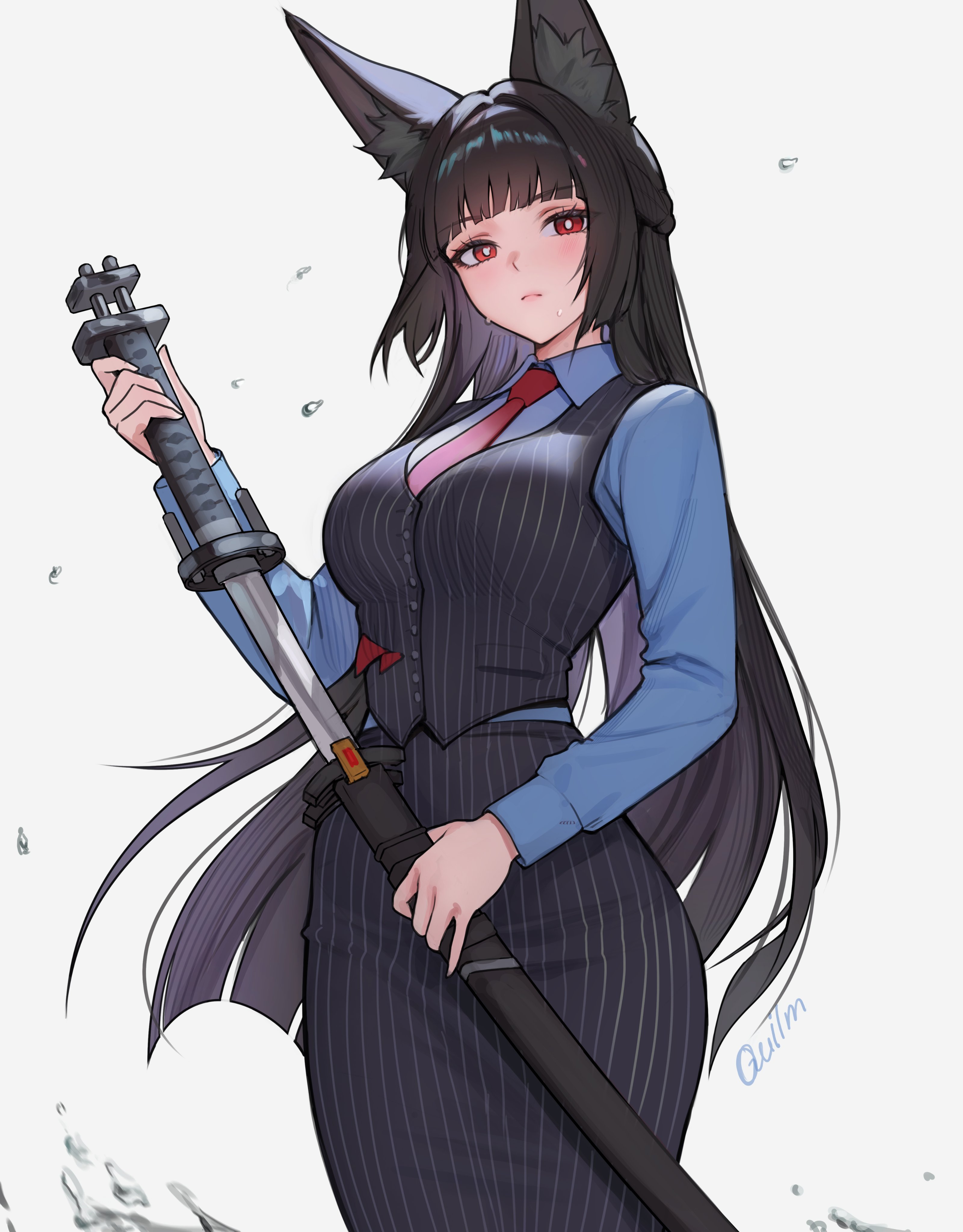 quilm, hoshimi miyabi, zenless zone zero, absurdres, commentary, english commentary, highres, 1girl, alternate costume, animal ear fluff, animal ears, artist name, black hair, black skirt, black vest, blue shirt, blush, breasts, bright pupils, closed mouth, cowboy shot, fox ears, fox girl, grey background, holding, holding sword, holding weapon, katana, large breasts, long hair, looking at viewer, necktie, red eyes, red necktie, sheath, shirt, skirt, solo, striped clothes, striped skirt, striped vest, sweat, sword, vertical-striped clothes, vertical-striped skirt, vertical-striped vest, vest, weapon, white pupils