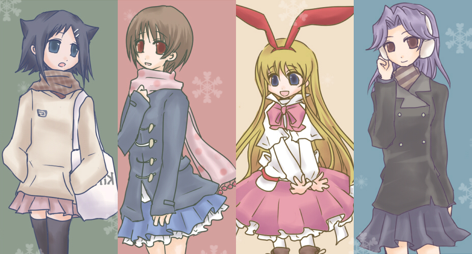 amae koromo, ikeda kana, kajiki yumi, miyanaga saki, saki (manga), 00s, 4girls, bag, blonde hair, blue eyes, blue hair, boots, bow, column lineup, earmuffs, hair ornament, hairband, hairclip, hood, hoodie, jacket, multiple girls, purple hair, red eyes, scarf, skirt, thighhighs