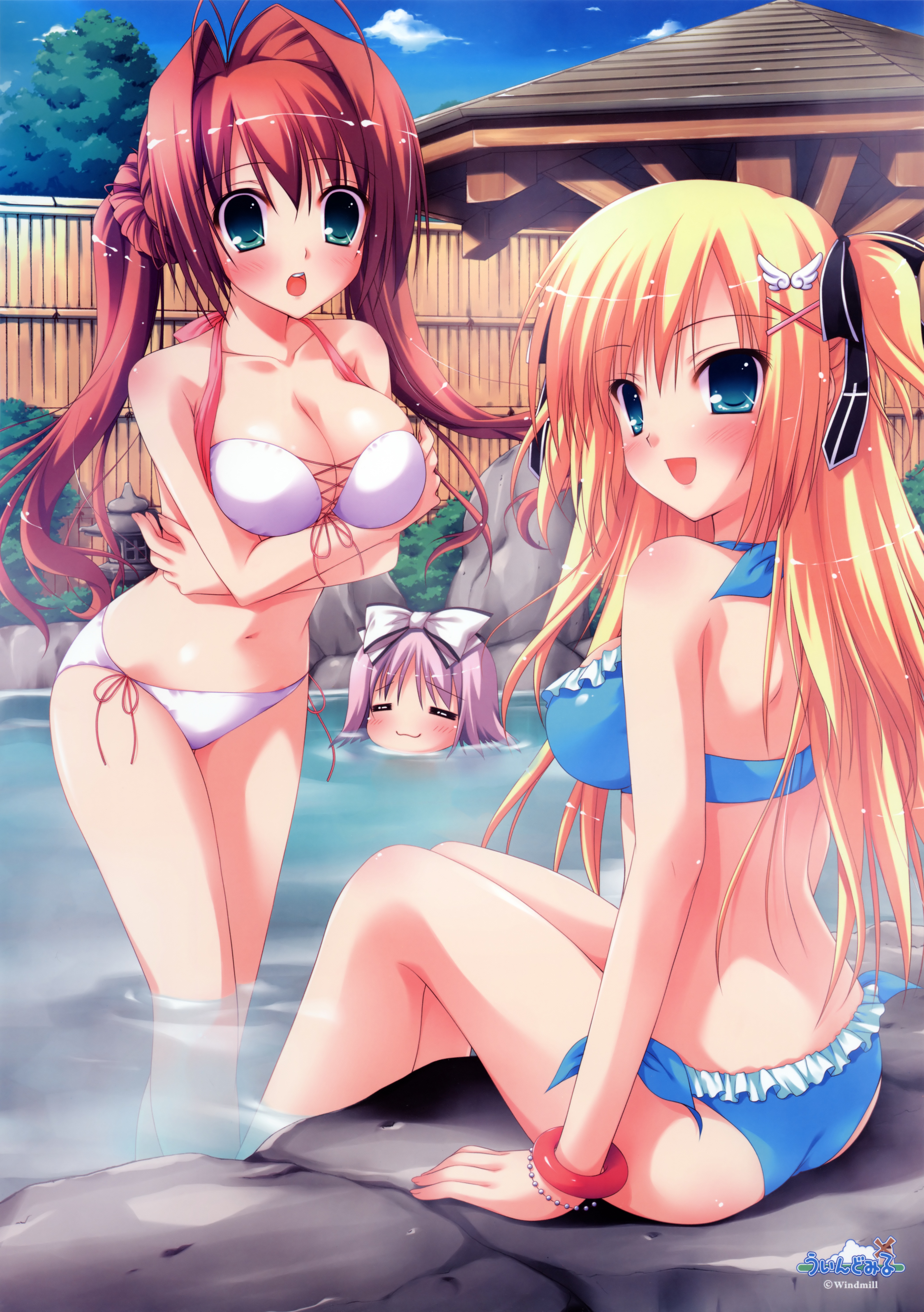 narumi yuu (bunbukudou), kaede yuzuna, suzueda komachi, tenjou rio, iro ni ide ni keri waga koi wa, windmill (company), breast hold, absurdres, character request, highres, 3girls, :3, = =, antenna hair, aqua eyes, bikini, blonde hair, blue eyes, blush, bow, bracelet, breast lift, breasts, brown hair, day, frilled bikini, frills, front-tie top, hair bow, hair ornament, hair ribbon, jewelry, kaeda yuzuna, large breasts, long hair, looking back, multiple girls, onsen, open mouth, outdoors, purple hair, ribbon, short hair, short twintails, side-tie bikini bottom, sitting, smile, soaking feet, swimsuit, tree, twintails, very long hair, wading, water, windmill, wristband