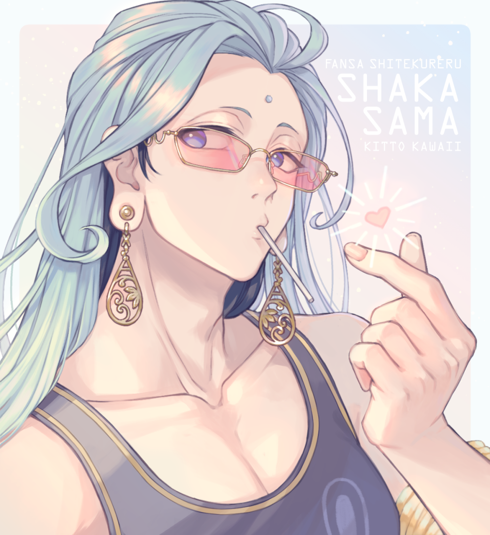 buddha, buddha (shuumatsu no valkyrie), shuumatsu no valkyrie, commentary request, 1boy, 2ndhoshi, black hair, blue tank top, crown, earrings, fangs, fangs out, glasses, gold crown, gold earrings, jewelry, looking at viewer, male focus, multicolored hair, tank top, two-tone hair, white hair