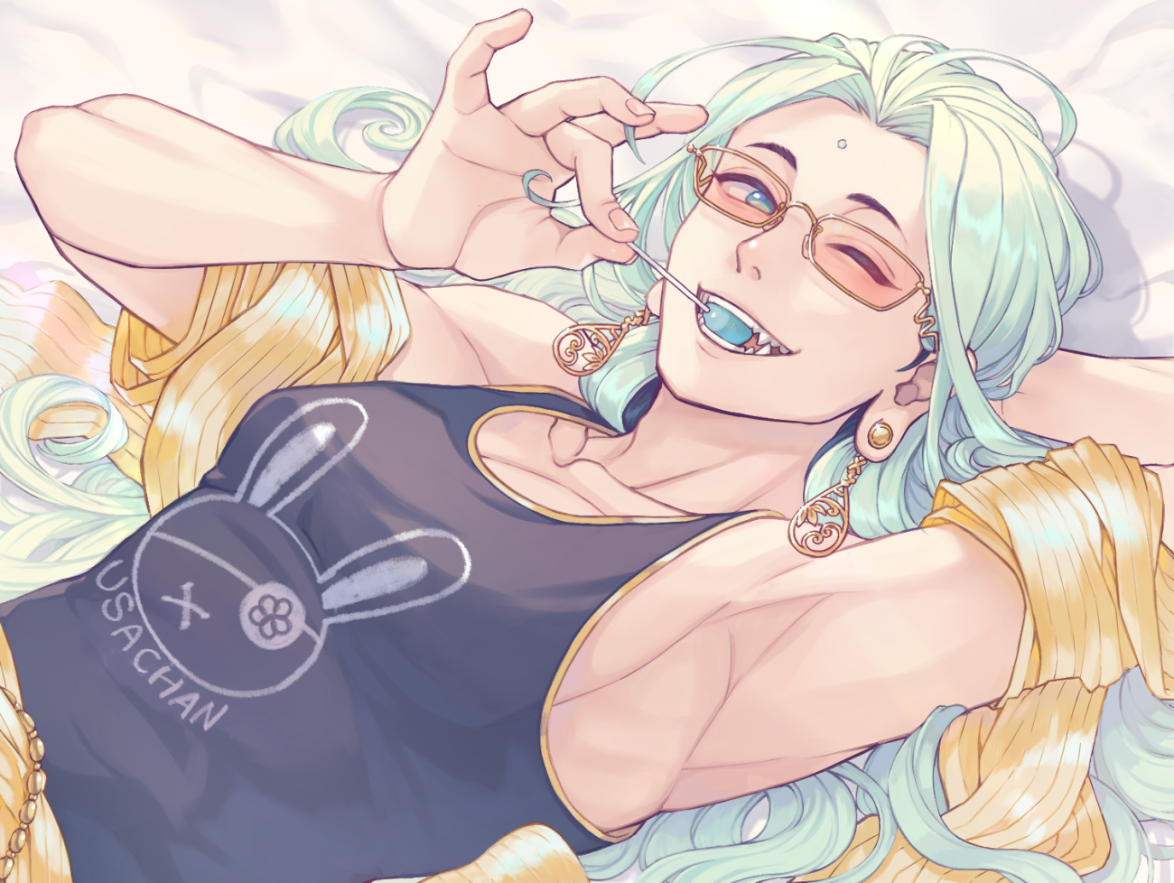 buddha, buddha (shuumatsu no valkyrie), shuumatsu no valkyrie, commentary request, 1boy, 2ndhoshi, black hair, blue tank top, crown, earrings, fangs, fangs out, glasses, gold crown, gold earrings, jewelry, looking at viewer, male focus, multicolored hair, tank top, two-tone hair, white hair