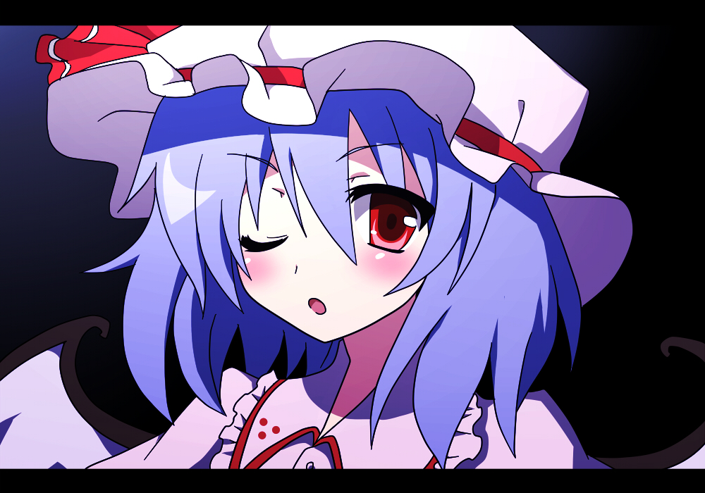 kikugetsu, munyunyu, remilia scarlet, touhou, bad id, bad pixiv id, 1girl, bat wings, blue hair, blush, female focus, hat, hat ribbon, letterboxed, one eye closed, open mouth, red eyes, ribbon, short hair, solo, wings, wink