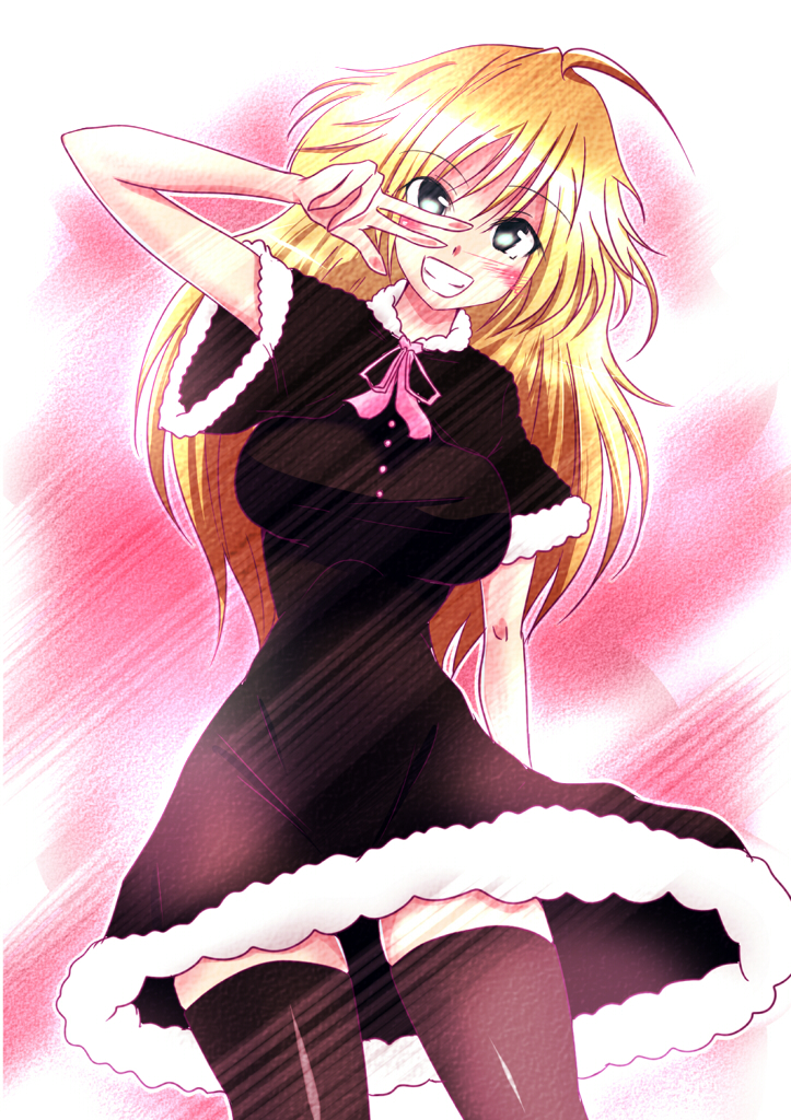 natsu (anta tte hitoha), hoshii miki, idolmaster, idolmaster (classic), bad id, bad pixiv id, 00s, 1girl, ahoge, black thighhighs, blonde hair, blush, breasts, dress, female focus, gradient background, green eyes, large breasts, long hair, smile, solo, thighhighs, zettai ryouiki