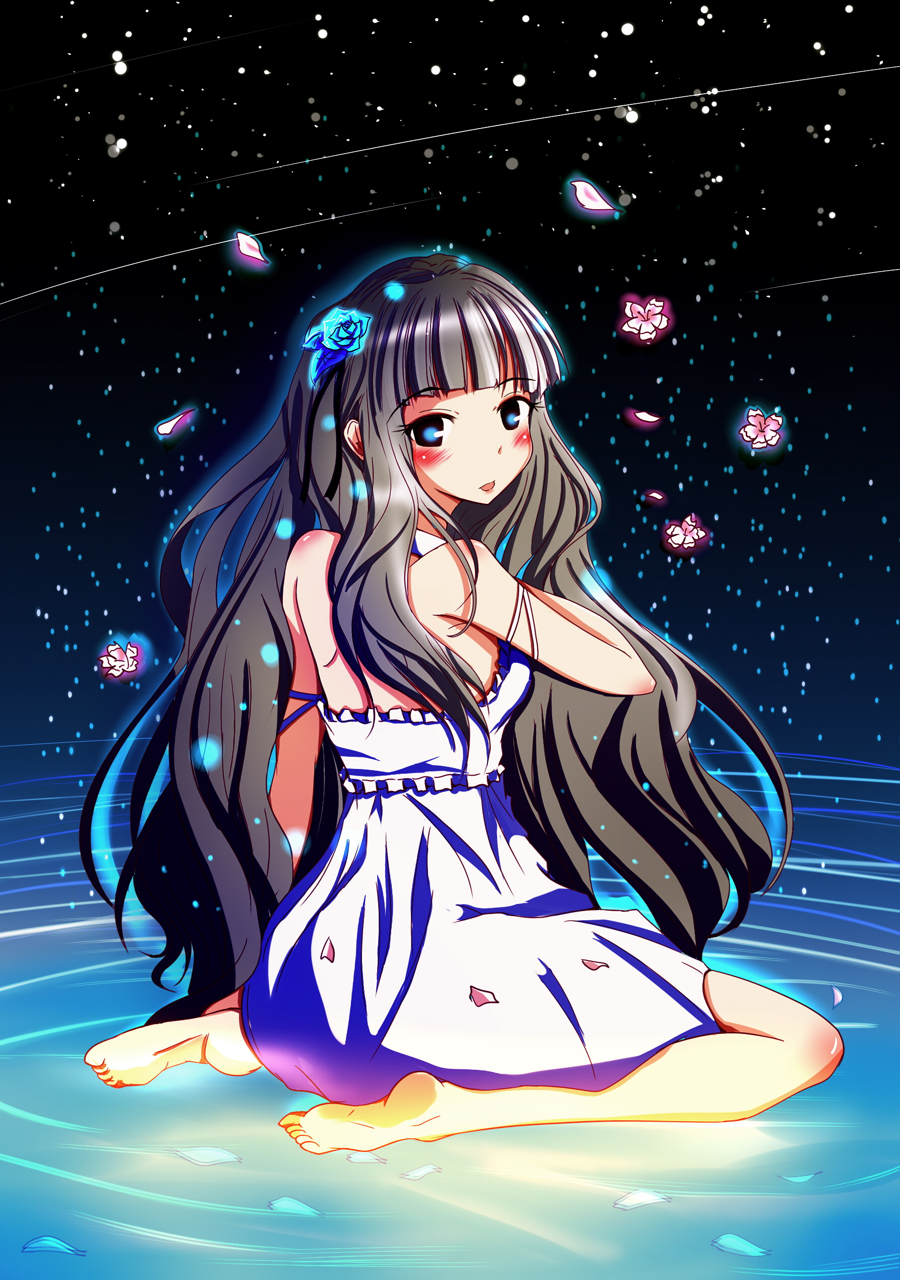 natsu (anta tte hitoha), shijou takane, idolmaster, idolmaster (classic), silver hair, absurdres, bad id, bad pixiv id, highres, 00s, 1girl, bad anatomy, bad feet, bare shoulders, barefoot, blue eyes, blush, dress, feet, female focus, flower, hair flower, hair ornament, hair ribbon, kneeling, long hair, looking at viewer, looking back, petals, poorly drawn, ribbon, shooting star, sitting, solo, star (symbol), tongue, wariza, water