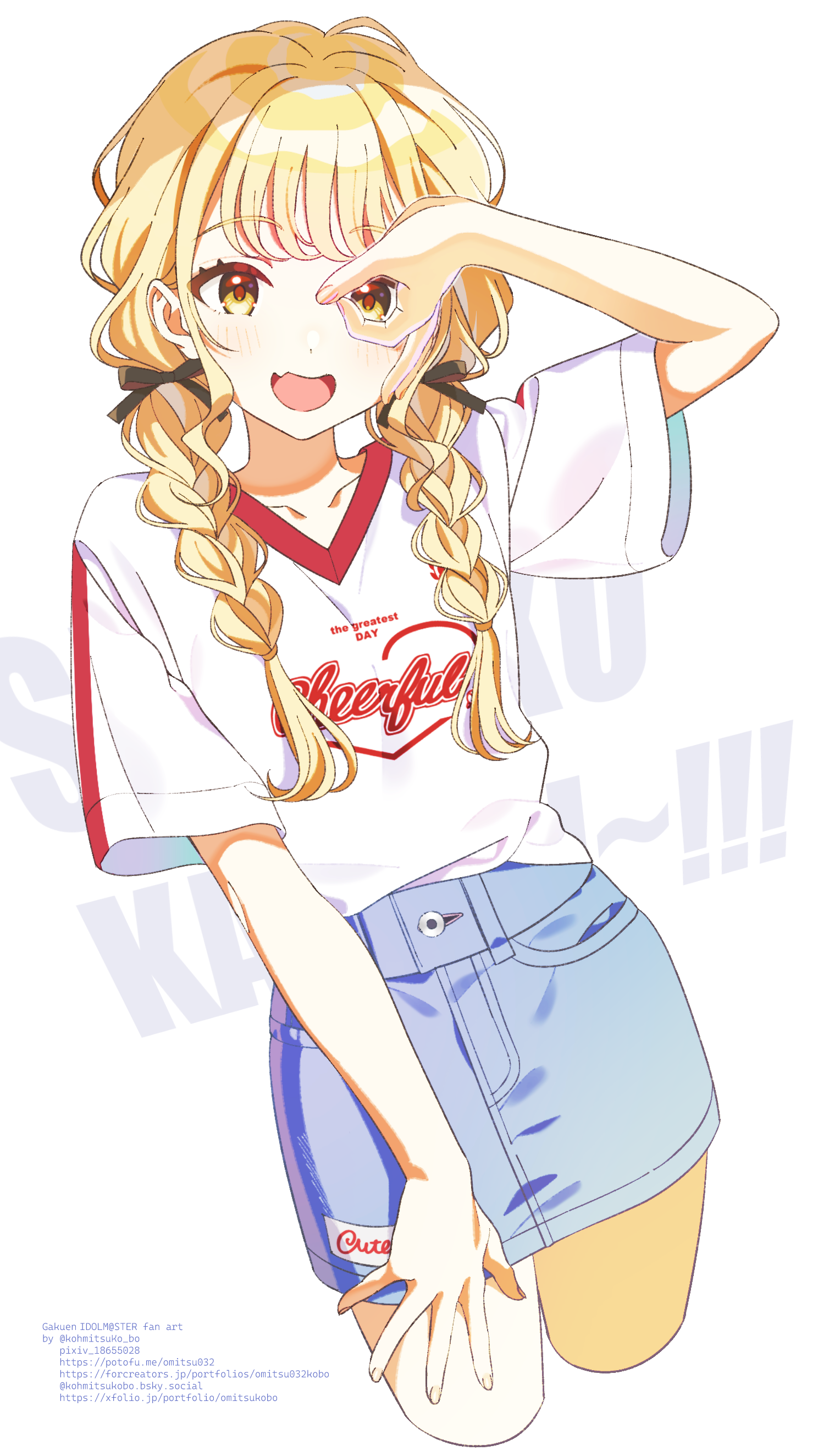 omitsu, fujita kotone, gakuen idolmaster, idolmaster, absurdres, commentary request, highres, 1girl, bare arms, black ribbon, blonde hair, blue skirt, blush, braid, cropped legs, fang, hair ribbon, hand glasses, looking at viewer, ribbon, shirt, short sleeves, skin fang, skirt, smile, solo, text background, twin braids, v-neck, white shirt, yellow eyes