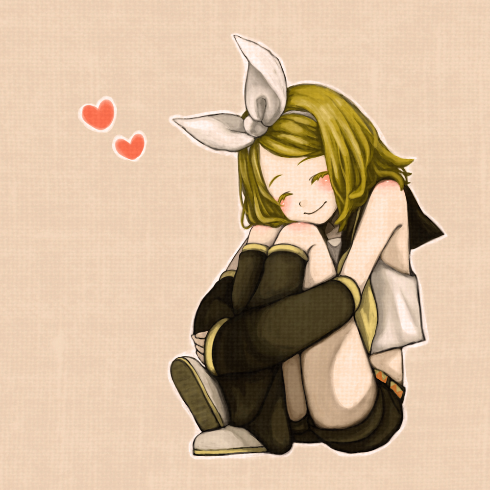 mizutamako, kagamine rin, vocaloid, bad id, bad pixiv id, 1girl, blonde hair, female focus, full body, hair ribbon, heart, hugging own legs, ribbon, short hair, shorts, sitting, smile, solo