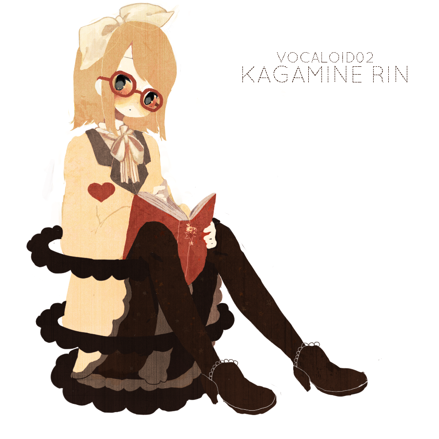 meisa, kagamine rin, vocaloid, bad id, bad pixiv id, 1girl, blonde hair, blue eyes, book, female focus, flat color, full body, glasses, hair ribbon, pantyhose, ribbon, shoes, short hair, simple background, solo, white background