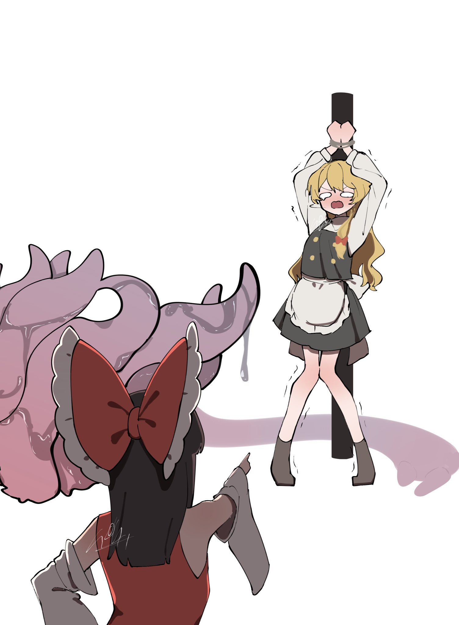 niru (ka k 0517), hakurei reimu, kirisame marisa, touhou, commentary request, highres, 2girls, apron, back bow, black skirt, black vest, blonde hair, blush, bound, bound wrists, bow, braid, brown hair, frilled bow, frills, hair bow, imminent rape, imminent tentacle sex, long hair, long sleeves, monster, multiple girls, no headwear, open mouth, pointing, red bow, restrained, side braid, signature, single braid, skirt, slime (substance), tentacles, trembling, very long hair, vest, waist apron, white apron, white bow