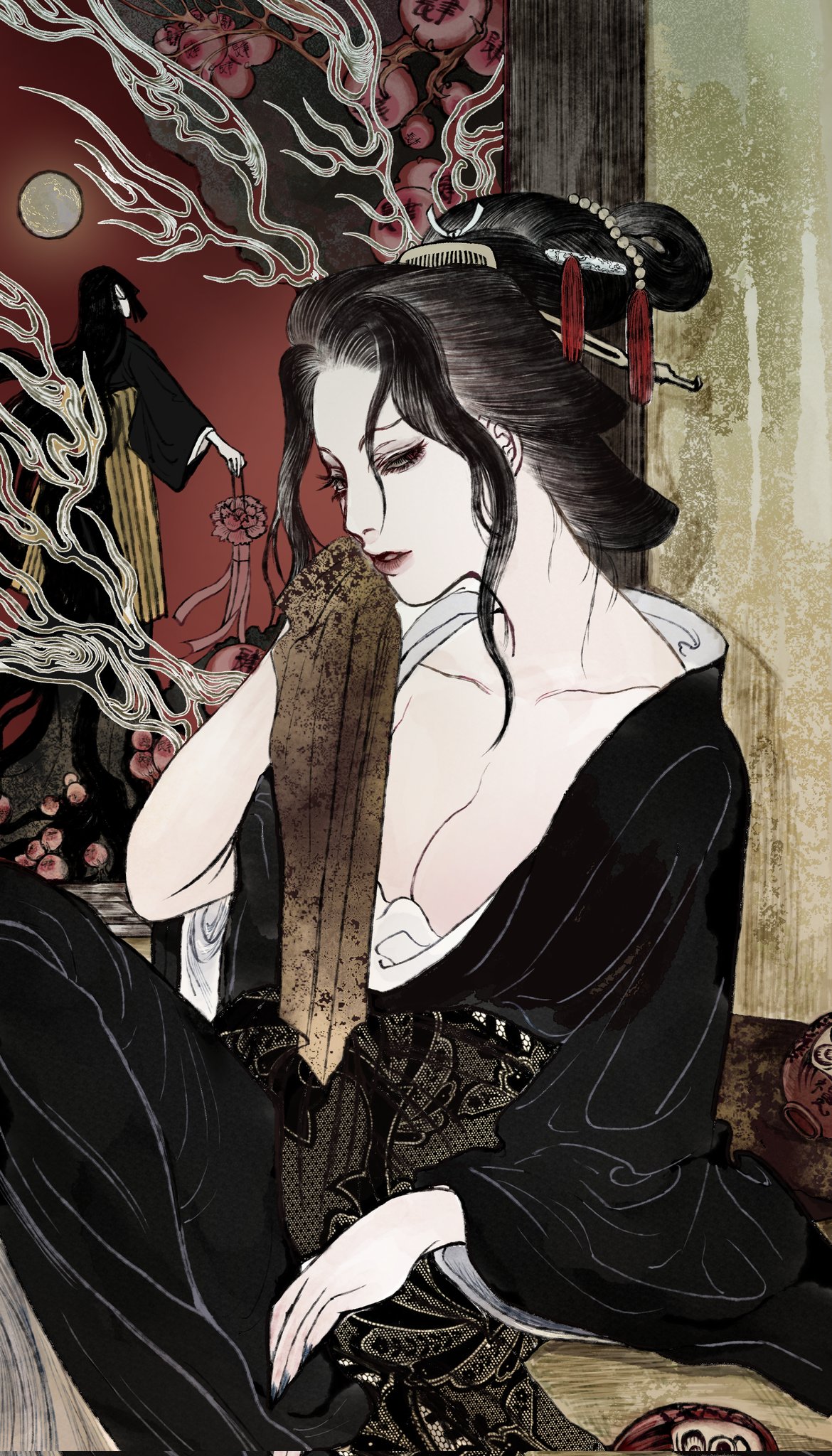 f68 0, kibutsuji muzan, kibutsuji muzan (female), nakime (kimetsu no yaiba), kimetsu no yaiba, chinese commentary, commentary request, highres, 2girls, black hair, black kimono, demon girl, floral print, japanese clothes, kimono, multiple girls, red eyes, red lips, slit pupils, solo