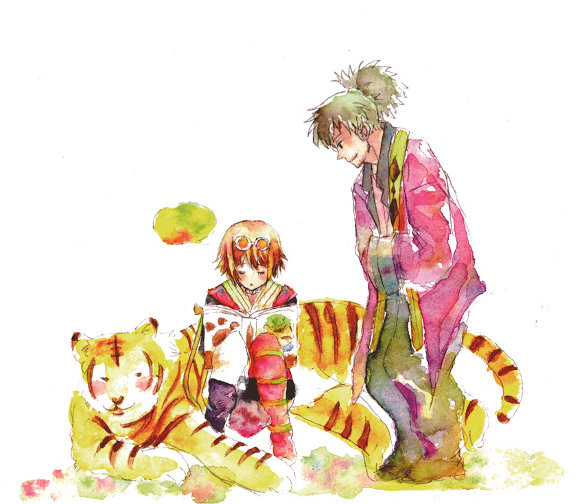 nashikawa, raven (tales), rita mordio, tales of (series), tales of vesperia, 00s, 1boy, 1girl, black hair, brown hair, goggles, ponytail, short hair, smile, tiger