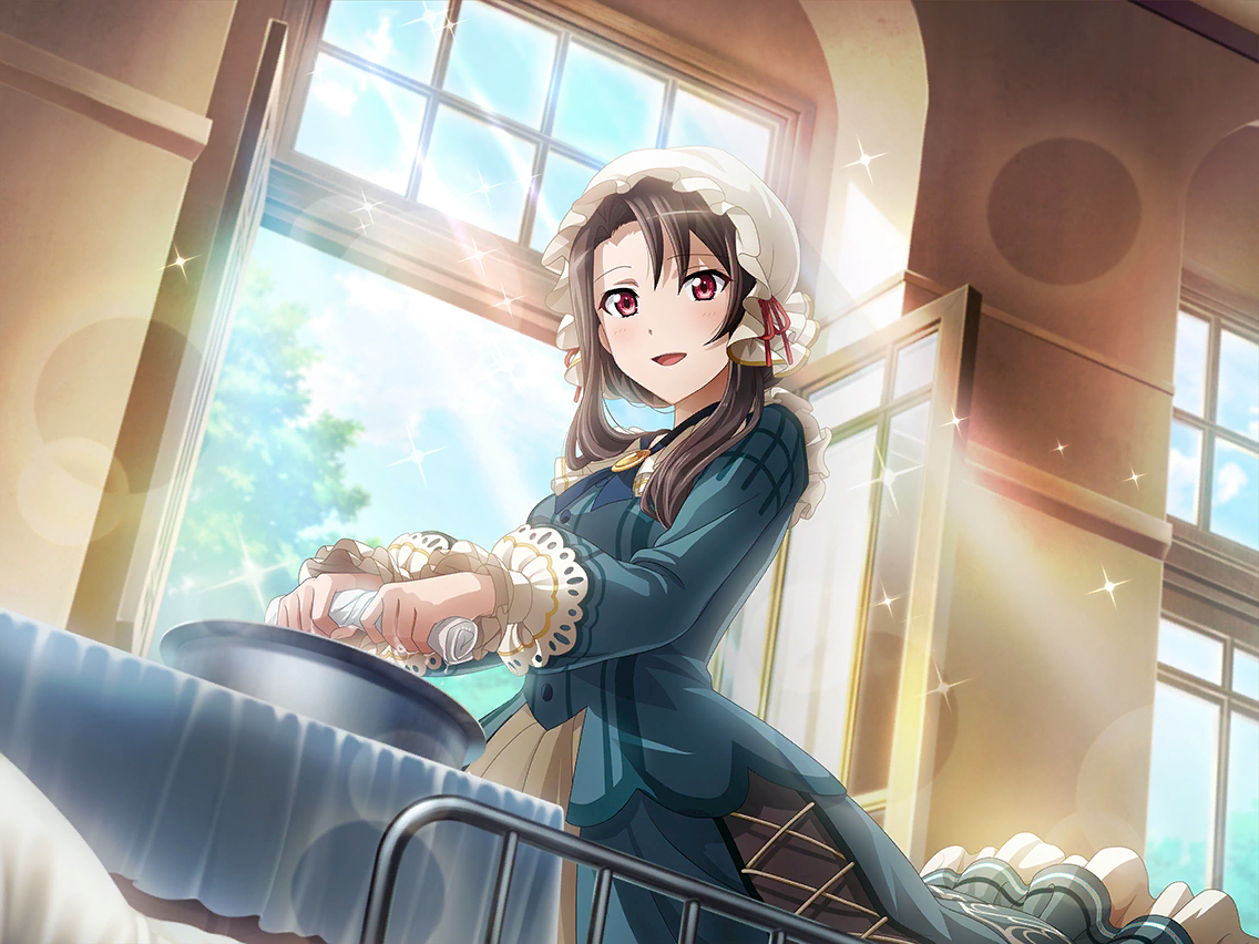 akikaze rui, shoujo kageki revue starlight, shoujo kageki revue starlight -re live-, game cg, official art, 1girl, black hair, blue dress, dress, headscarf, long sleeves, looking at viewer, open window, parted bangs, puffy long sleeves, puffy sleeves, red eyes, sidelocks, solo, standing, upper body, washbowl, white headscarf, window