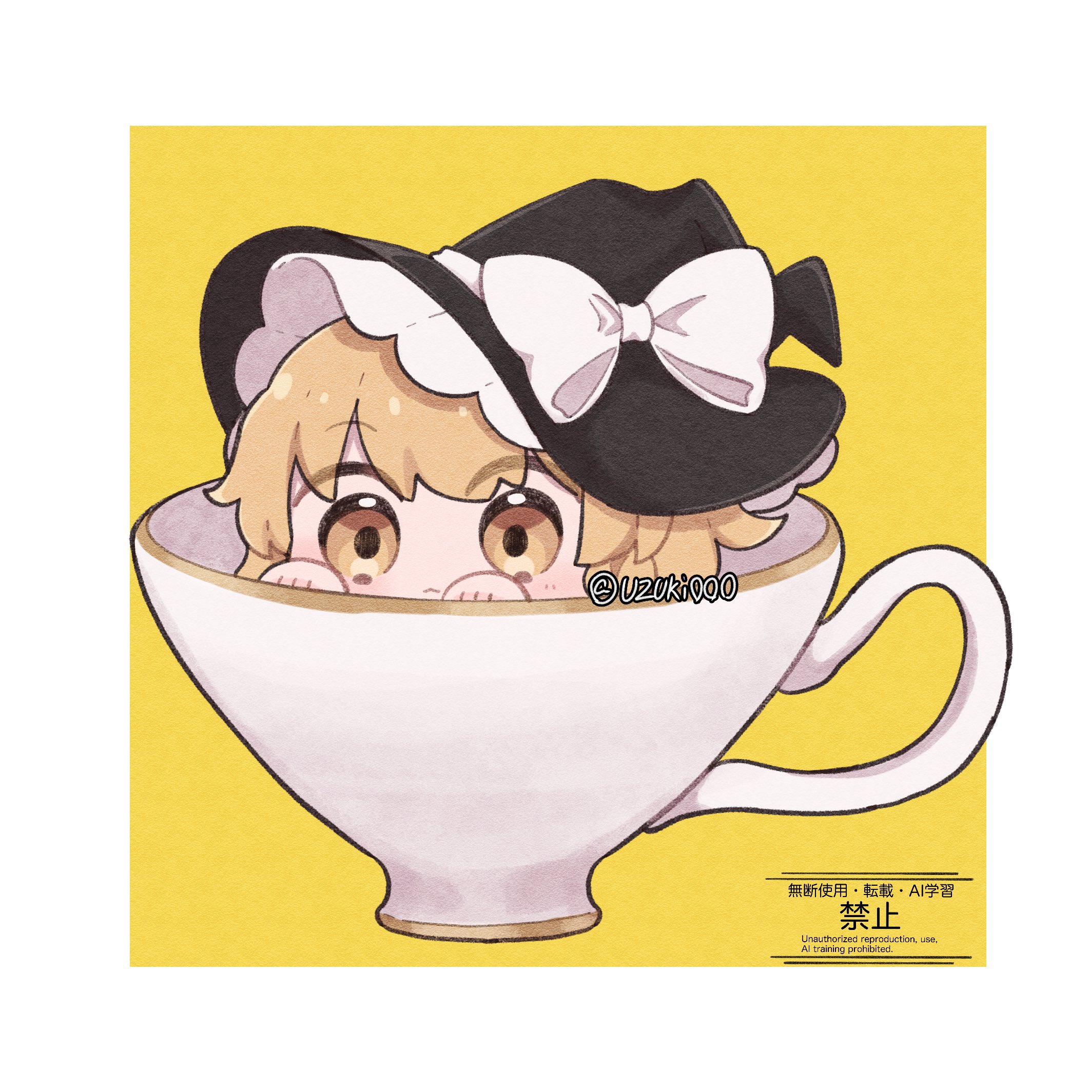 uzuki (amayadori), kirisame marisa, touhou, commentary, highres, 1girl, blonde hair, bow, chibi, chibi only, closed mouth, cup, hat, hat bow, in container, in cup, looking at viewer, solo, teacup, twitter username, watermark, white bow, witch hat, yellow eyes