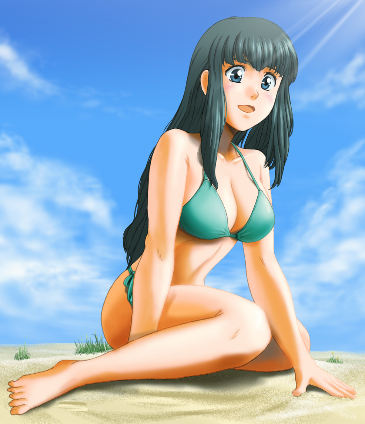 kurotama saki, original, highres, 1girl, aqua bikini, barefoot, beach, bikini, black hair, blue eyes, breasts, cloud, day, female focus, large breasts, light rays, long hair, outdoors, sand, side-tie bikini bottom, sky, solo, sunbeam, sunlight, swimsuit