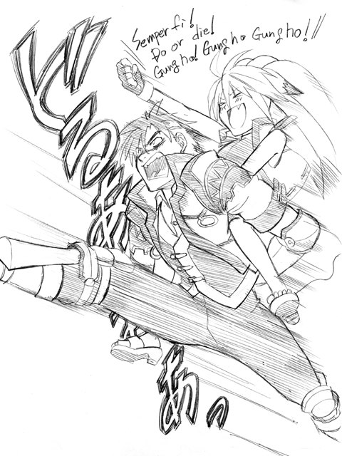 arisu reiji, xiaomu, banpresto, capcom, namco, namco x capcom, super robot wars, super robot wars og saga mugen no frontier, 1boy, 1girl, english text, greyscale, monochrome