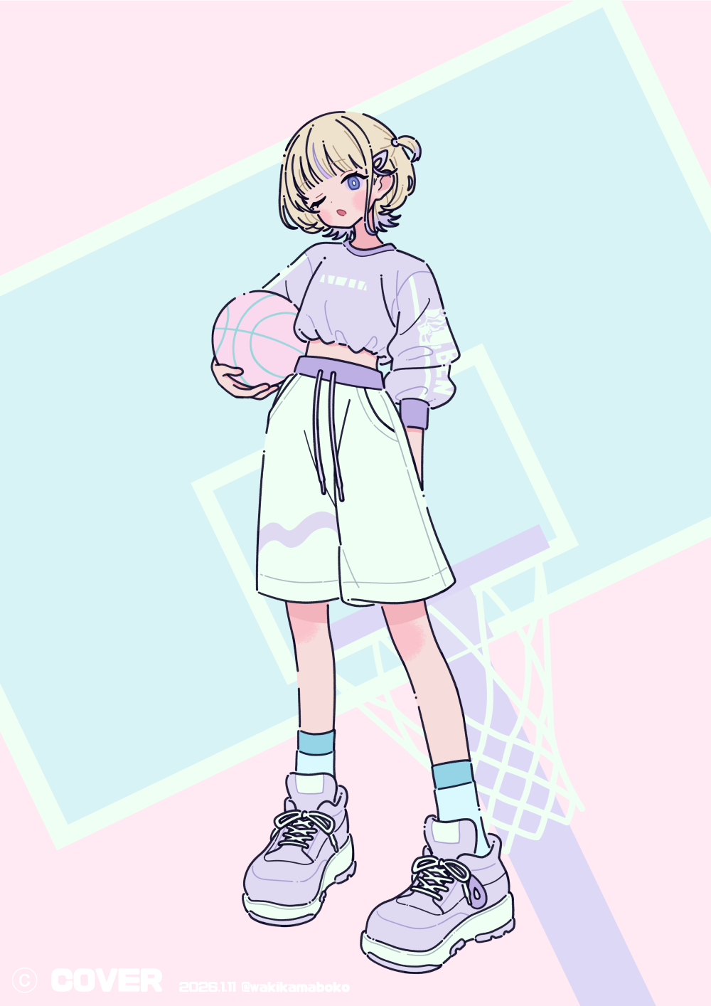 neki (wakiko), todoroki hajime, hololive, hololive dev is, commentary request, highres, official art, 1girl, ;o, arm behind back, ball, basketball (object), blonde hair, blue socks, copyright notice, cropped sweater, drawstring, full body, hair ornament, hairclip, holding, holding ball, long sleeves, looking at viewer, multicolored hair, one eye closed, puffy long sleeves, puffy sleeves, purple eyes, purple hair, purple shoes, purple streaks, purple sweater, shoes, short hair, shorts, sneakers, socks, solo, streaked hair, sweater, two side up, virtual youtuber, white shorts