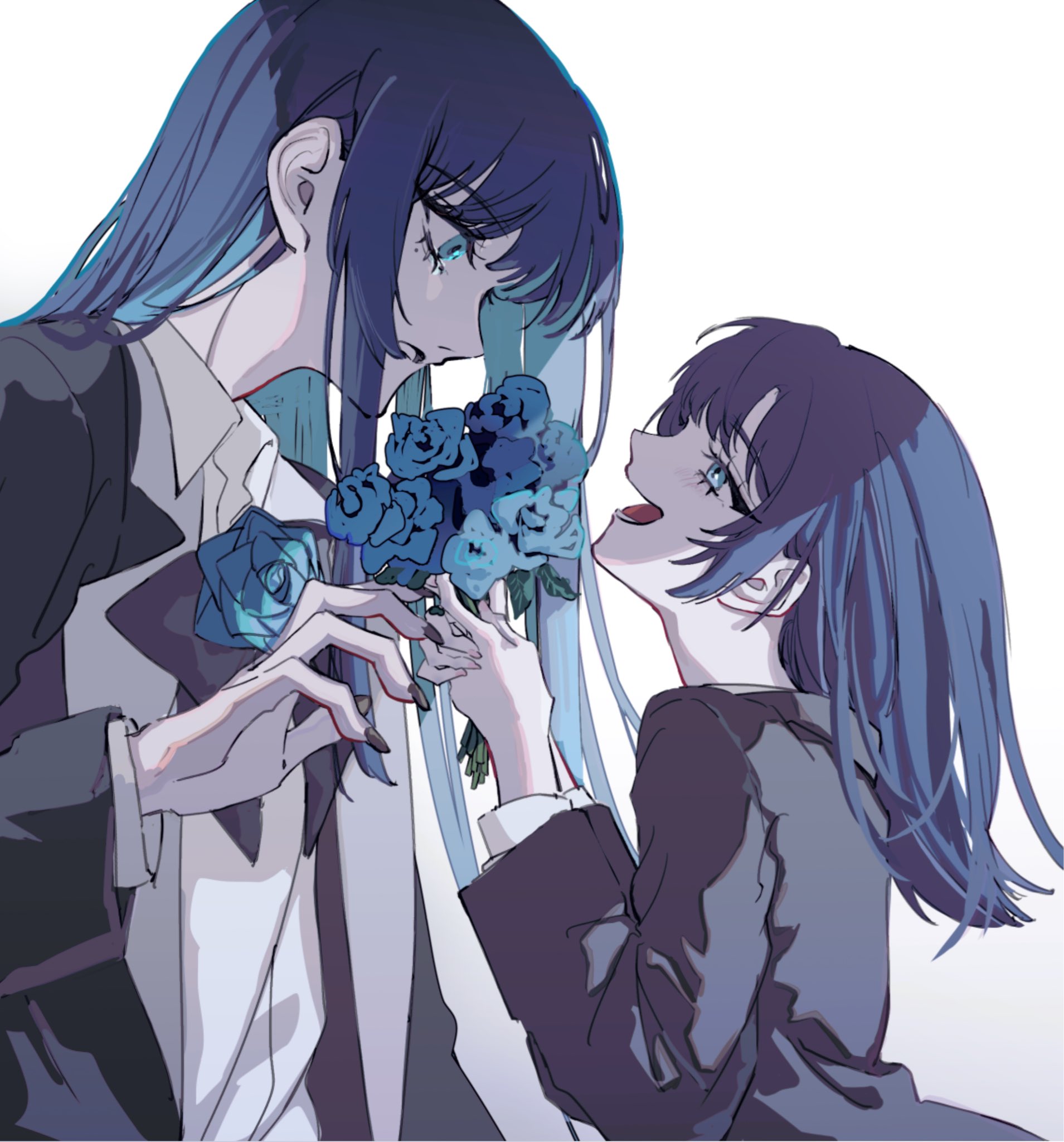 orihara (ewkkyorhr), chando (ado), ado (utaite), commentary request, highres, 2girls, black nails, blue eyes, blue flower, blue hair, blue rose, bouquet, colored inner hair, dual persona, flower, long hair, long sleeves, mole, mole under eye, multicolored hair, multiple girls, nail polish, open mouth, rose, sidelocks, simple background, upper body, utaite, white background