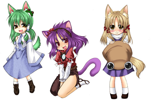 ogera, ogera okera, kochiya sanae, moriya suwako, yasaka kanako, touhou, bad id, bad pixiv id, 3girls, animal ears, cat ears, cat girl, cat tail, dog ears, dog tail, female focus, full body, hat, kemonomimi mode, multiple girls, simple background, skirt, tail, white background