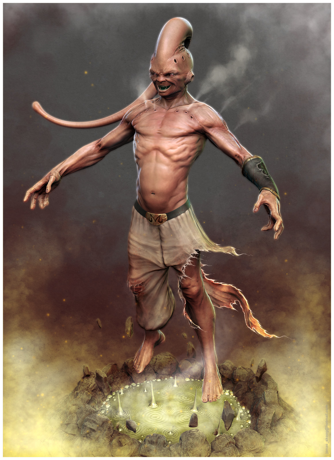 energise, majin buu, super buu, dragon ball, dragonball z, highres, 3d, creepy, fangs, horror (theme), male focus, no humans, realistic, smile, solo, topless male, torn clothes