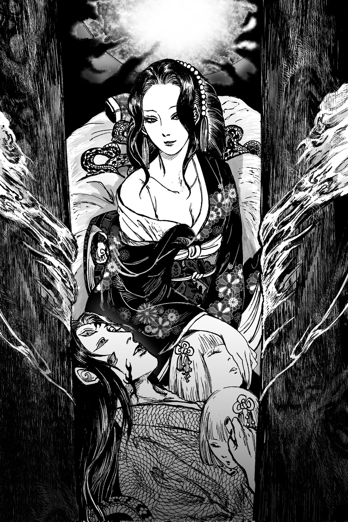 f68 0, kibutsuji muzan, kibutsuji muzan (female), kokushibou, ubuyashiki hinaki, ubuyashiki nichika, kimetsu no yaiba, commentary request, highres, 1boy, 3girls, black hair, black kimono, demon boy, demon girl, extra eyes, floral print, japanese clothes, kimono, looking at viewer, multiple girls, red eyes, red lips, slit pupils