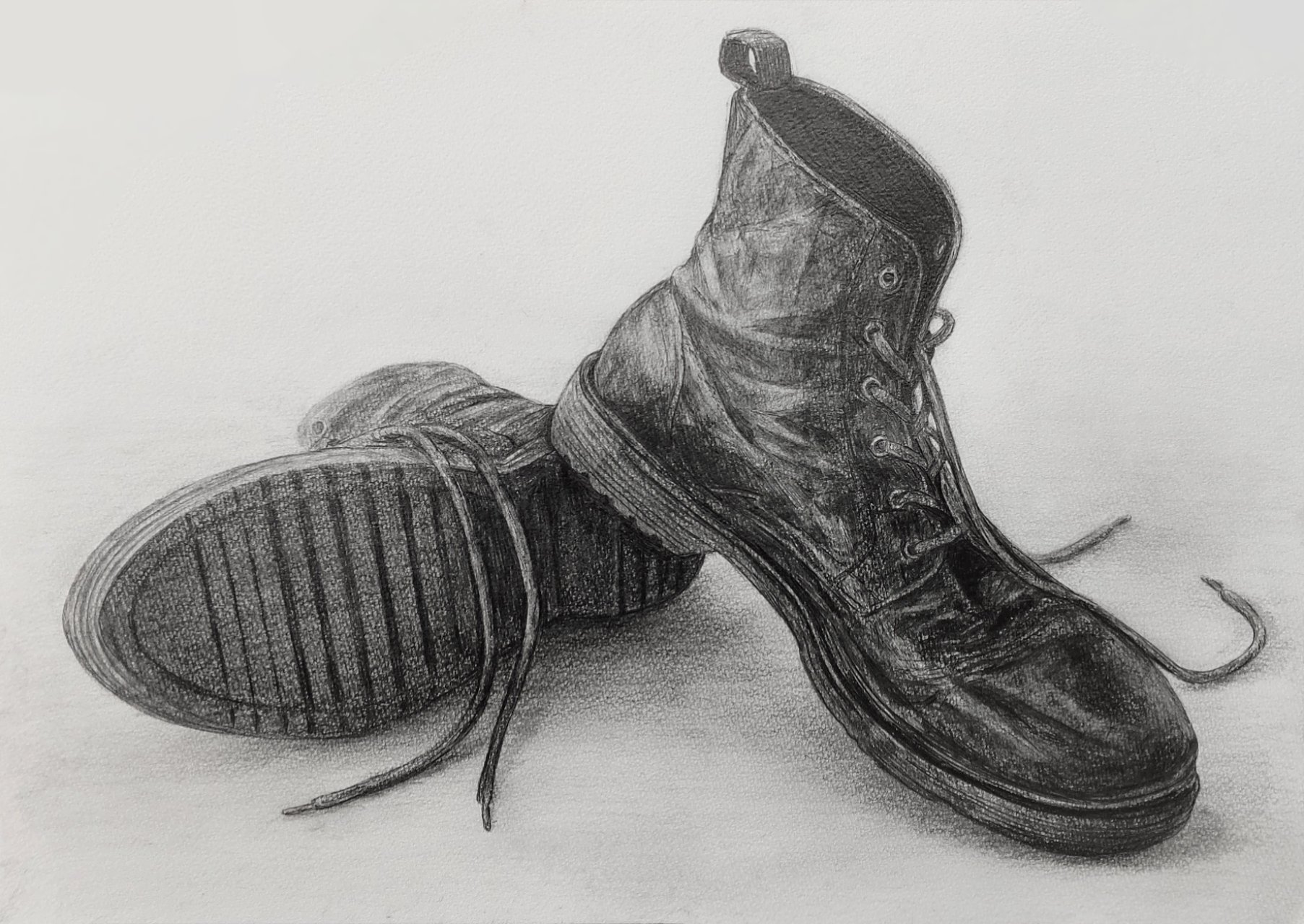 nene man, original, commentary, graphite (medium), highres, traditional media, boots, footwear focus, greyscale, lace-up boots, monochrome, no humans, object focus, simple background, unworn boots